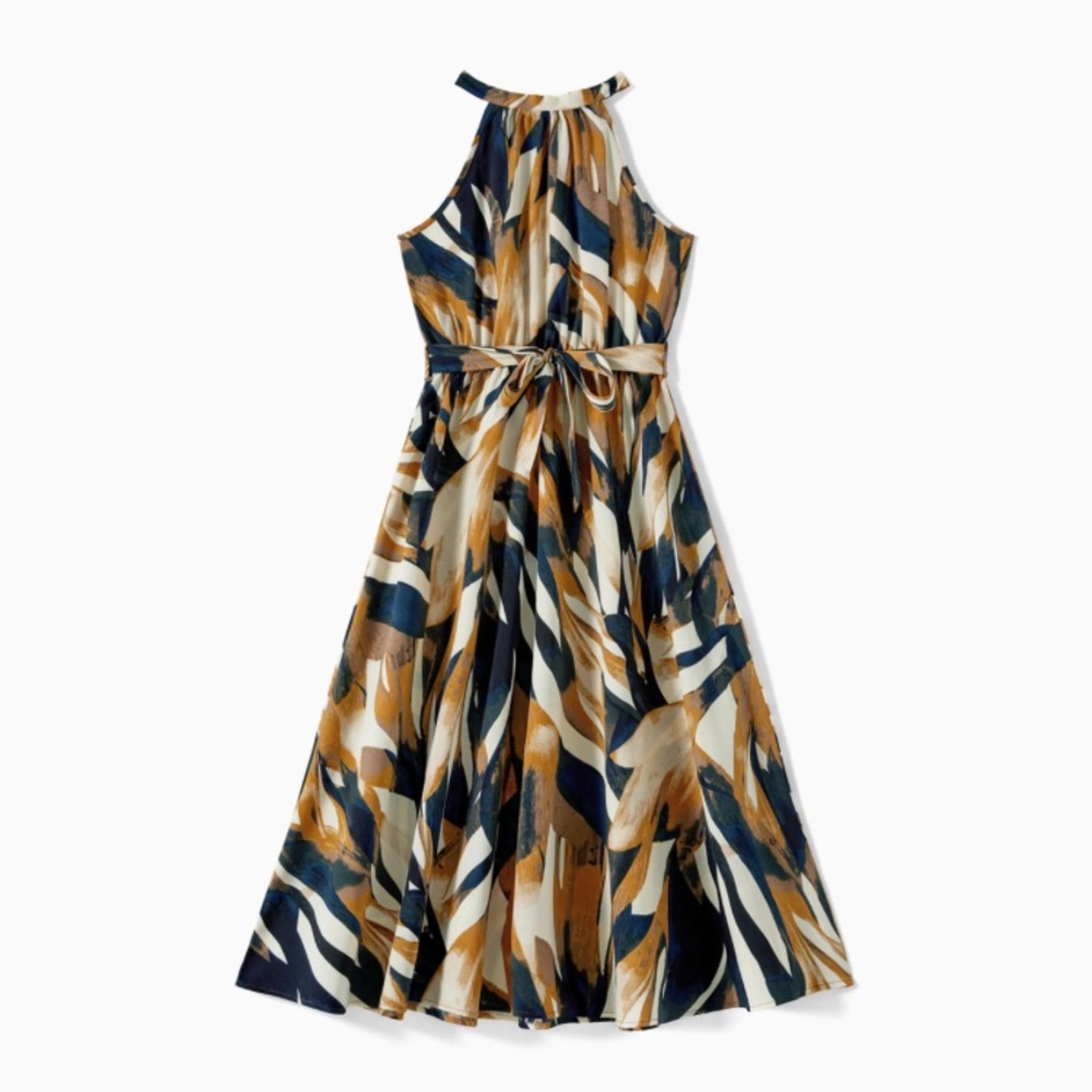 Patpat Allover Geo Print Halter Belted Midi Brown Women Dress